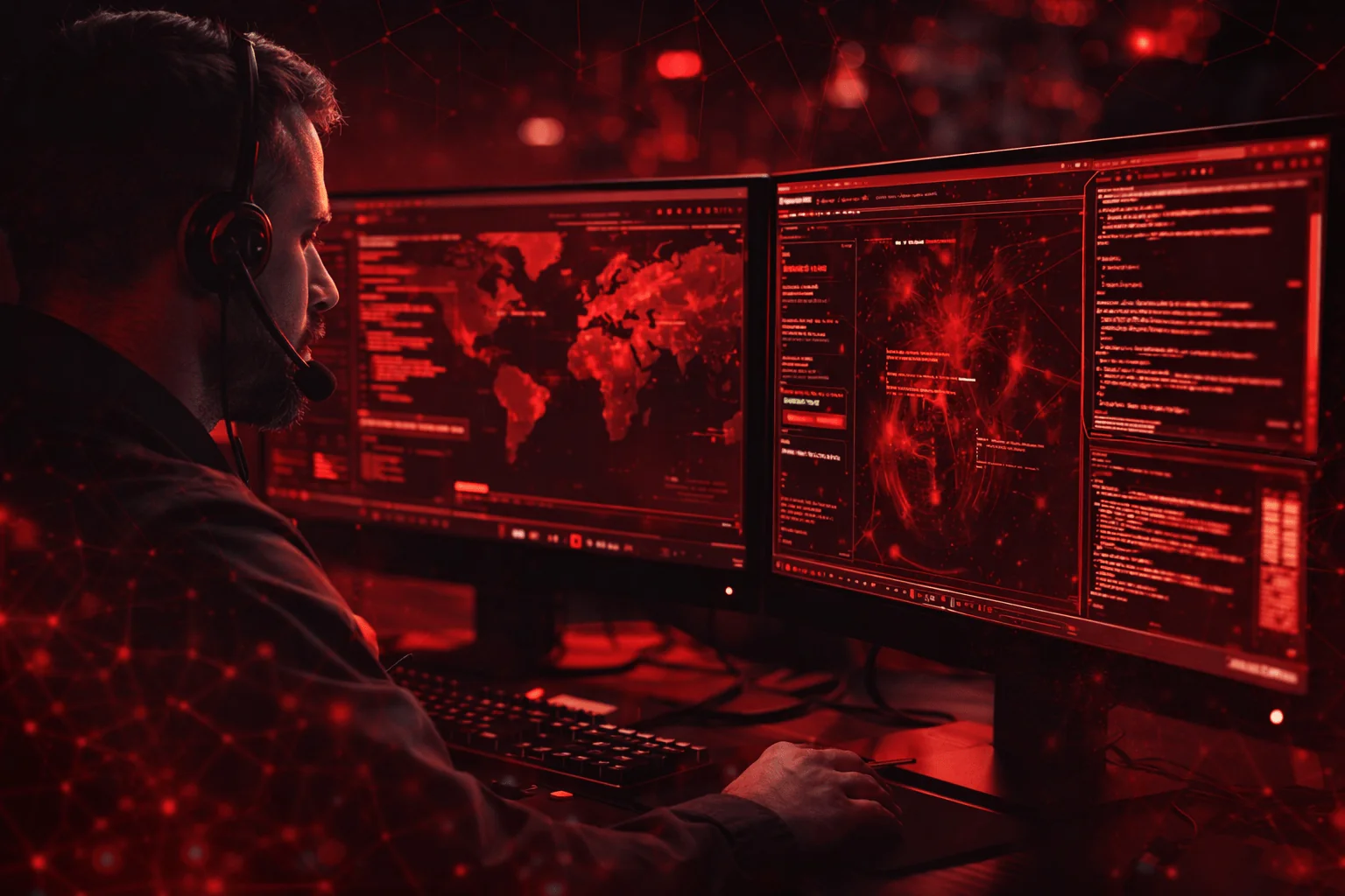 A developer monitoring dashboards on large red-lit screens